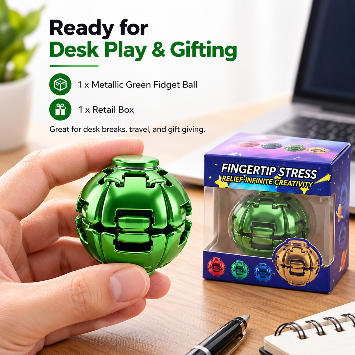 Metallic Green Fidget Ball – Press & Spin Sensory Desk Toy