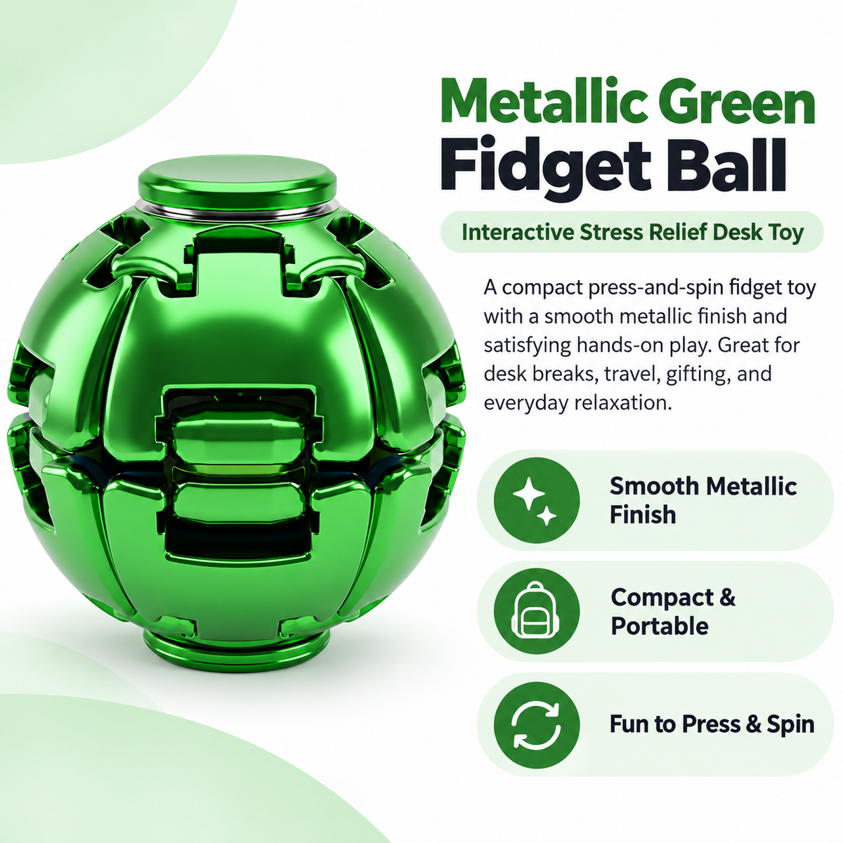 Metallic Green Fidget Ball – Press & Spin Sensory Desk Toy