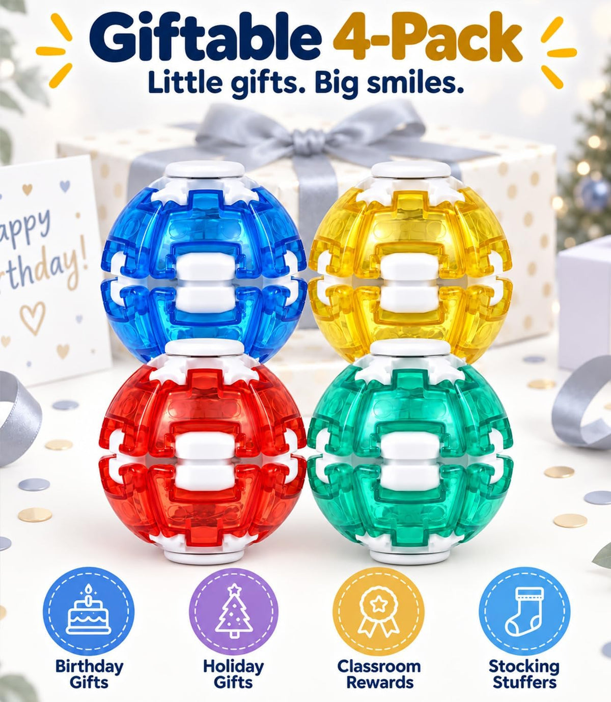 Four pack transparent fidget spinner balls in blue yellow red and green arranged in a 2x2 grid, with the headline 'Giftable 4-Pack' above and gift-themed props and icons below.