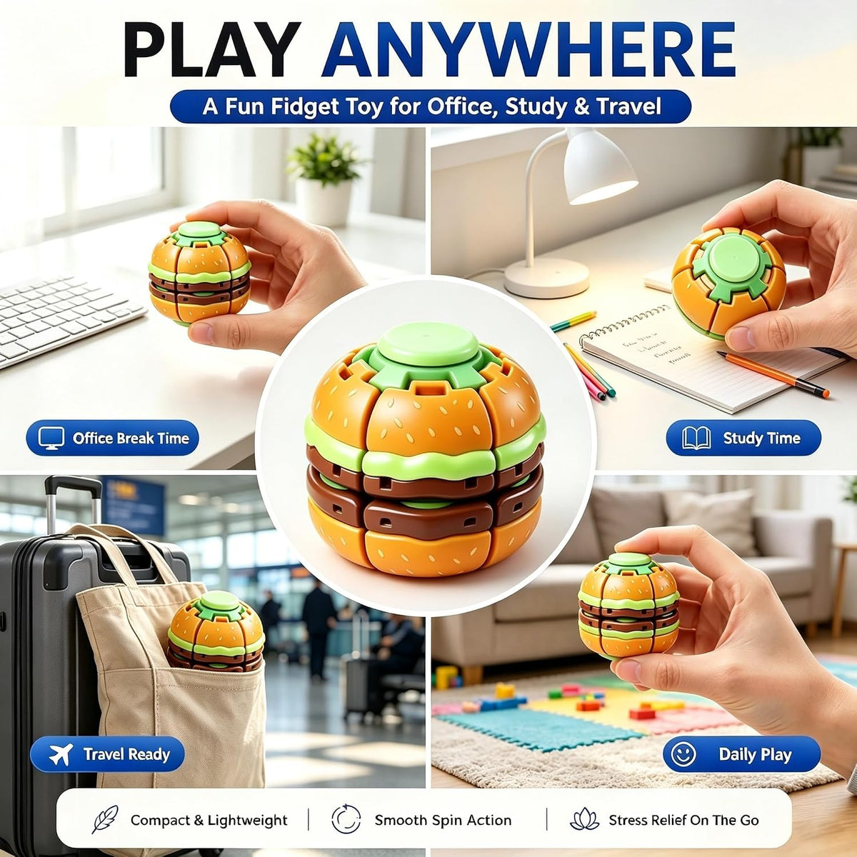 Portable burger fidget spinner ball for everyday handheld play
