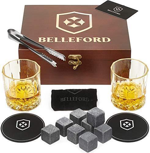 BELLEFORD 2 Whisky Bourbon Glasses and 8 Scotch Granite Ice Cubes Set Gifts for Men Dad