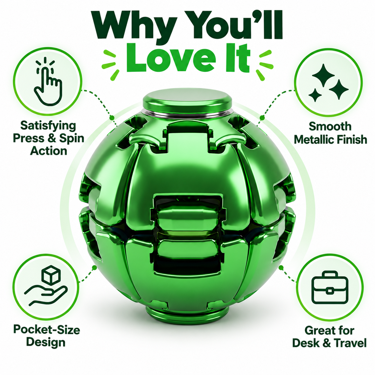 Metallic Green Fidget Ball – Press & Spin Sensory Desk Toy