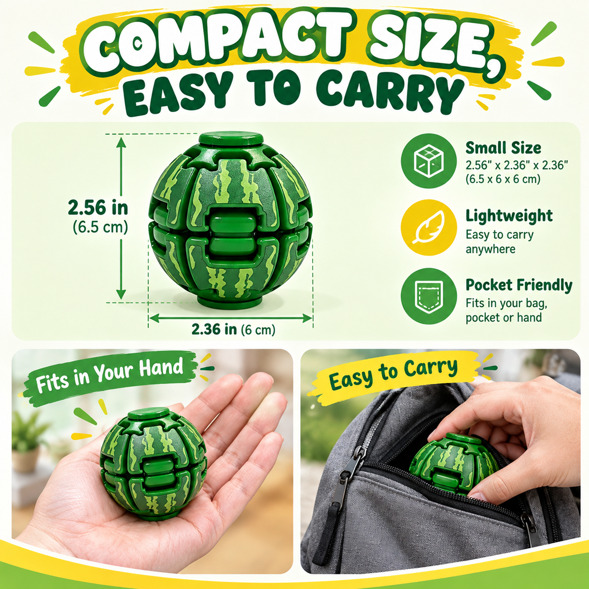Compact fidget spinner ball with size comparison and portable carrying examples
