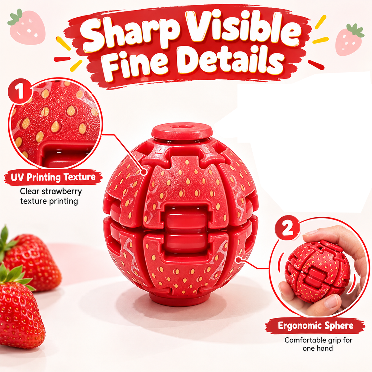 Red fidget spinner ball close-up showing the top button and interlocking shell design
