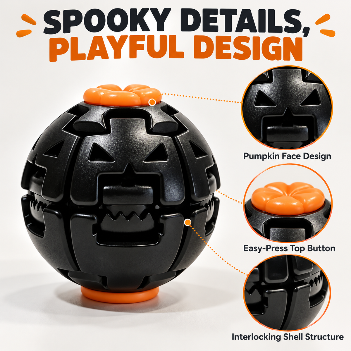 Black spherical toy with carved pumpkin face details and orange top button, shown on a light gray background with callout text and circular close-ups explaining features.