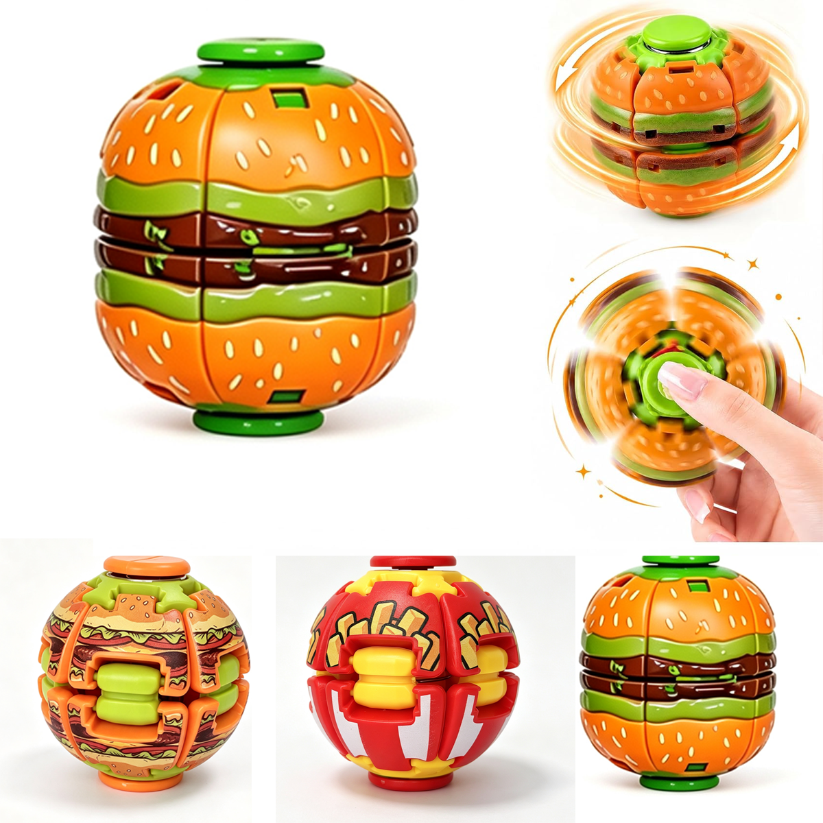 Colorful hamburger shaped fidget spinner balls with press to spin design
