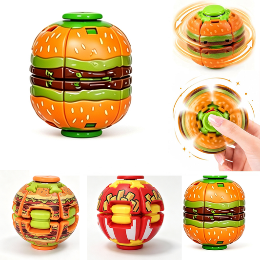 Colorful hamburger shaped fidget spinner balls with press to spin design
