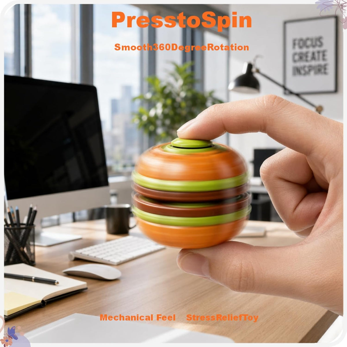 A hand holding a colorful round stress relief toy called PresstoSpin, which features orange, brown, and green concentric rings, in front of a blurred modern office desk background.