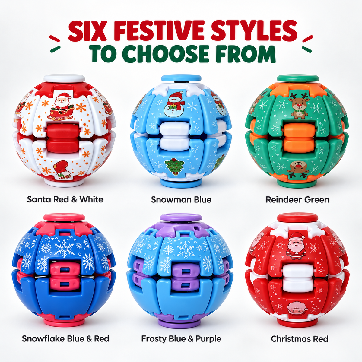 Six festive Christmas fidget spinner ball designs featuring Santa Claus, snowman, reindeer and snowflake patterns in different colors.
