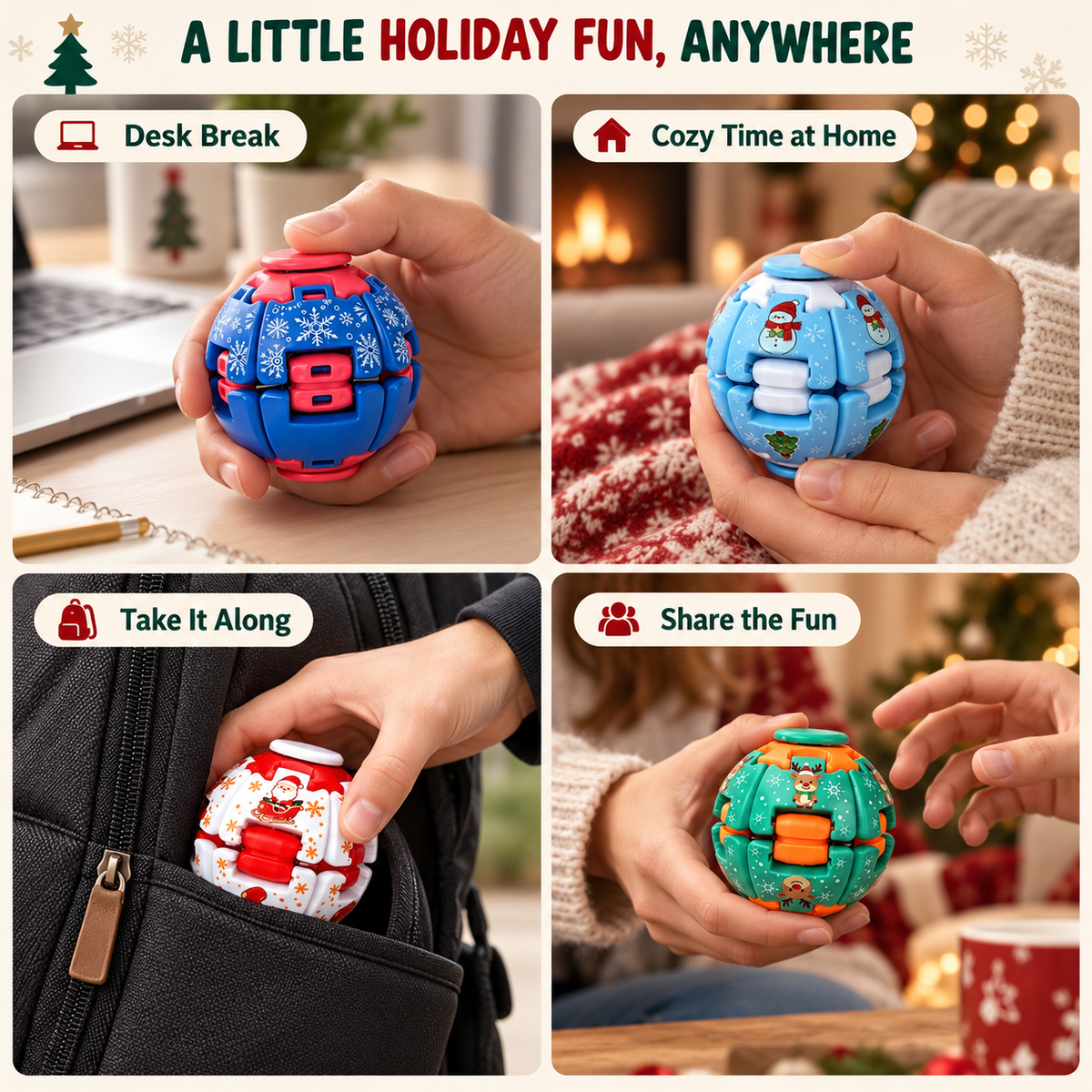 Christmas themed fidget balls used during desk breaks, relaxing at home, traveling and sharing with friends.

