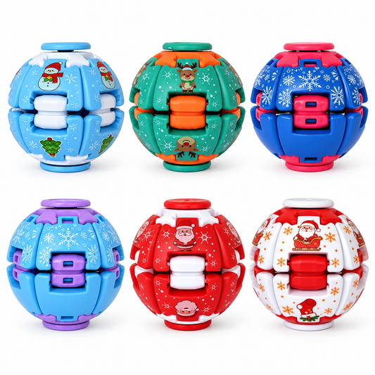 Six Christmas themed press and spin fidget balls featuring Santa, snowman, reindeer and colorful snowflake designs.
