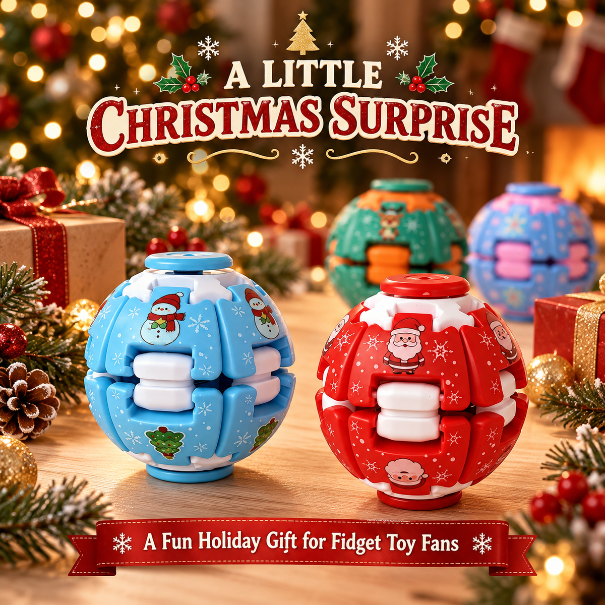 Christmas fidget spinner balls displayed on a festive gift table with holiday decorations, warm lights and wrapped presents.
