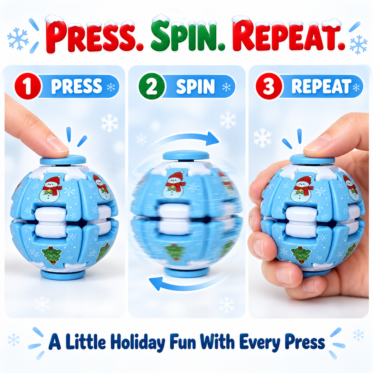 Step by step demonstration showing how to press, spin and repeat with a Christmas themed rotating fidget ball.
