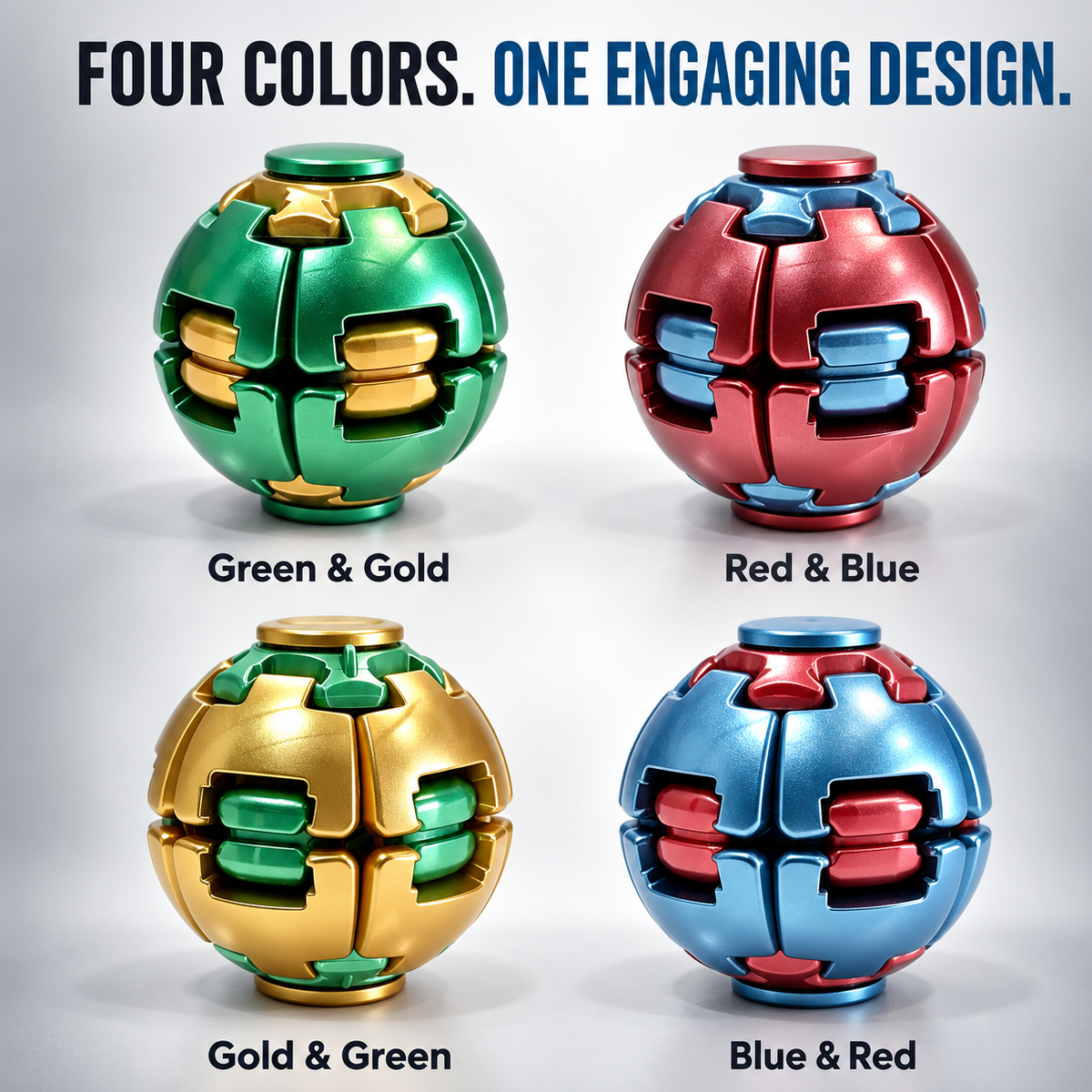 Four metallic fidget spinner ball color options featuring green gold and blue red combinations