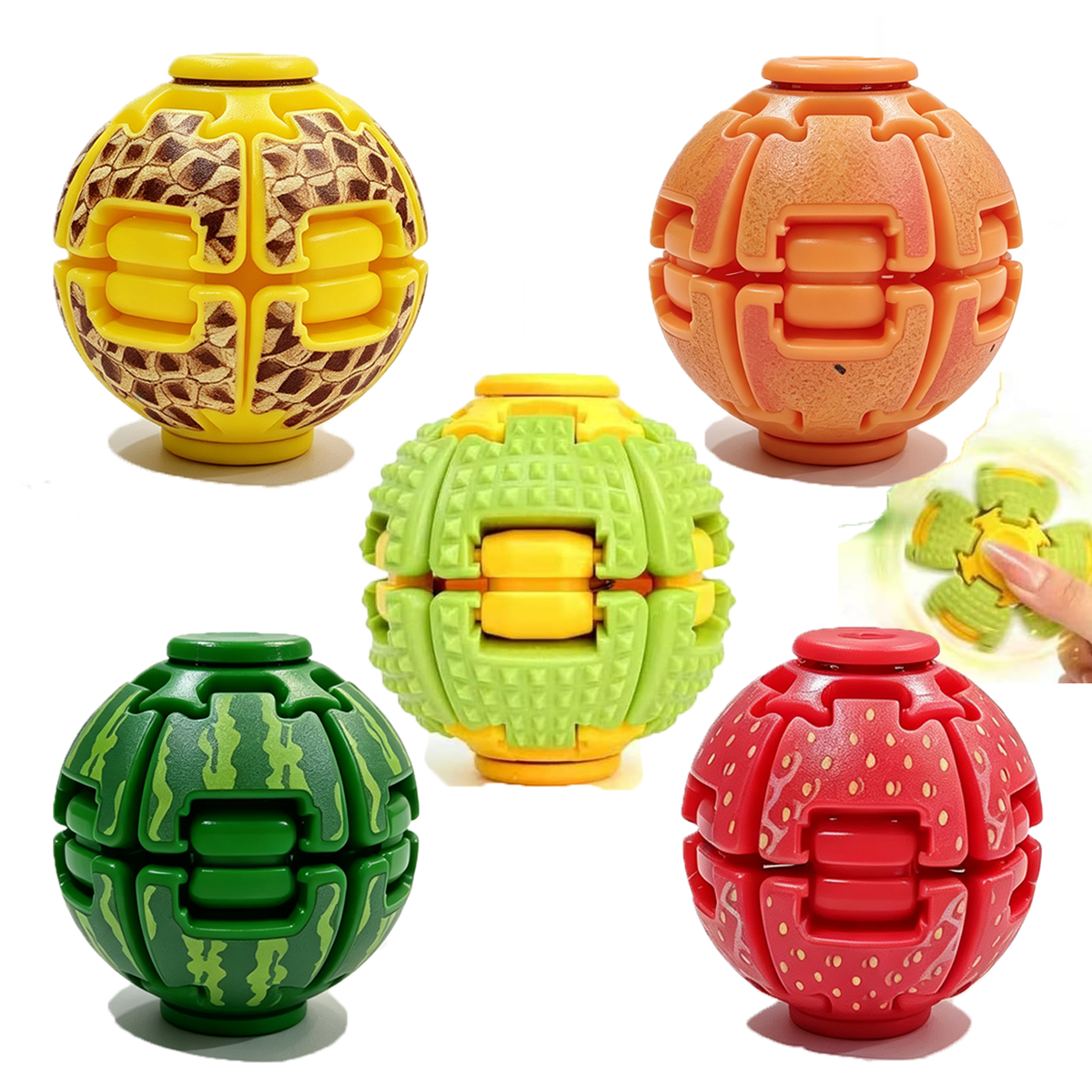 Five colorful press to spin fidget spinner balls in assorted colors
