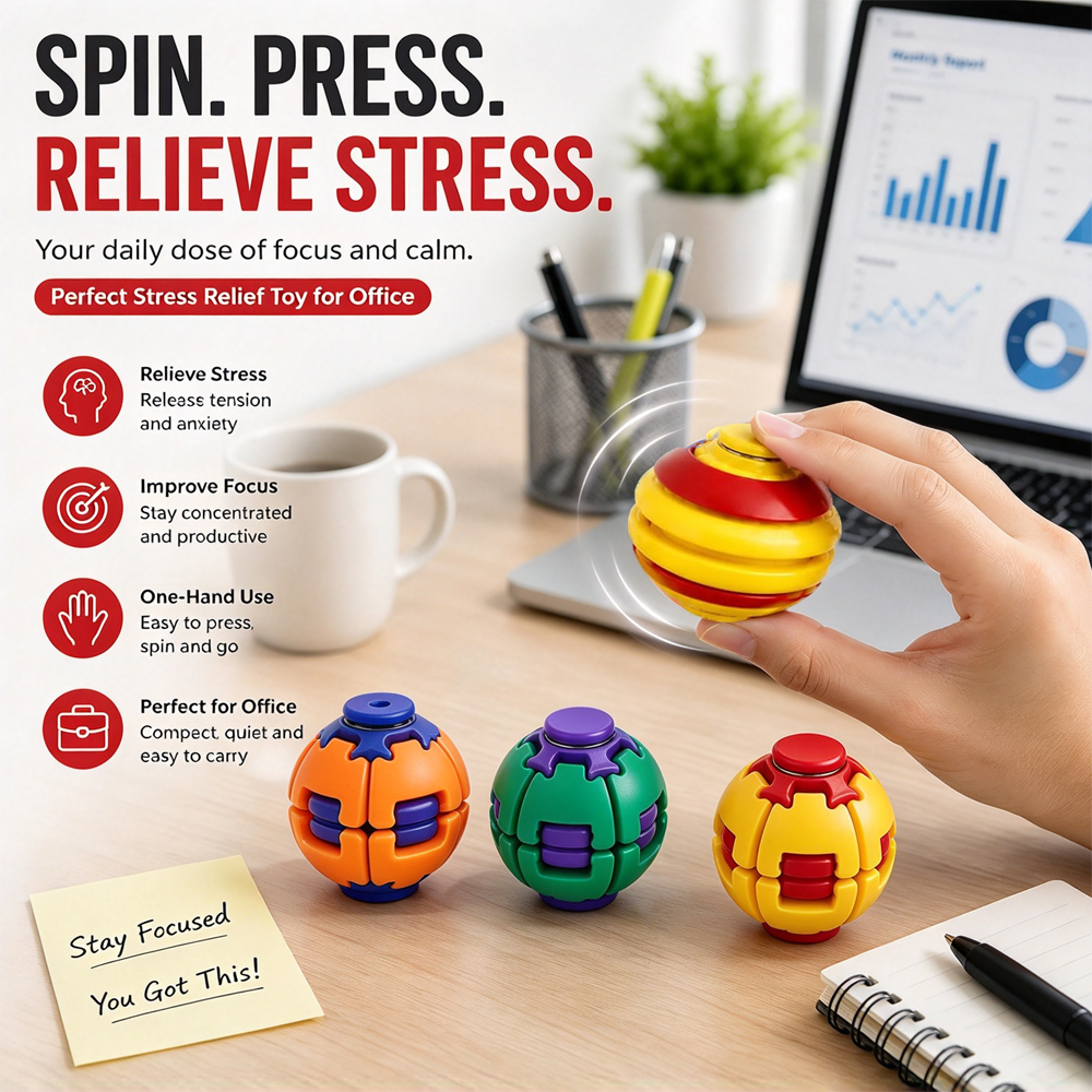 Handheld fidget spinner ball on an office desk
