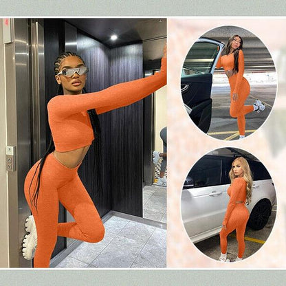 Orange Women's Gym Set Outfits Seamless High Waist Yoga Leggings Sports Long Sleeve
