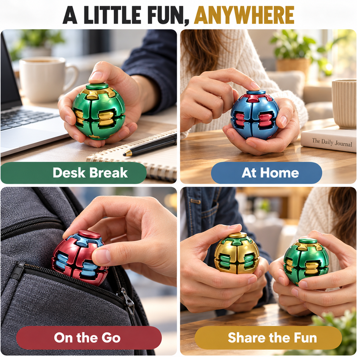 Metallic fidget spinner balls used at a desk, at home, while traveling and with friends