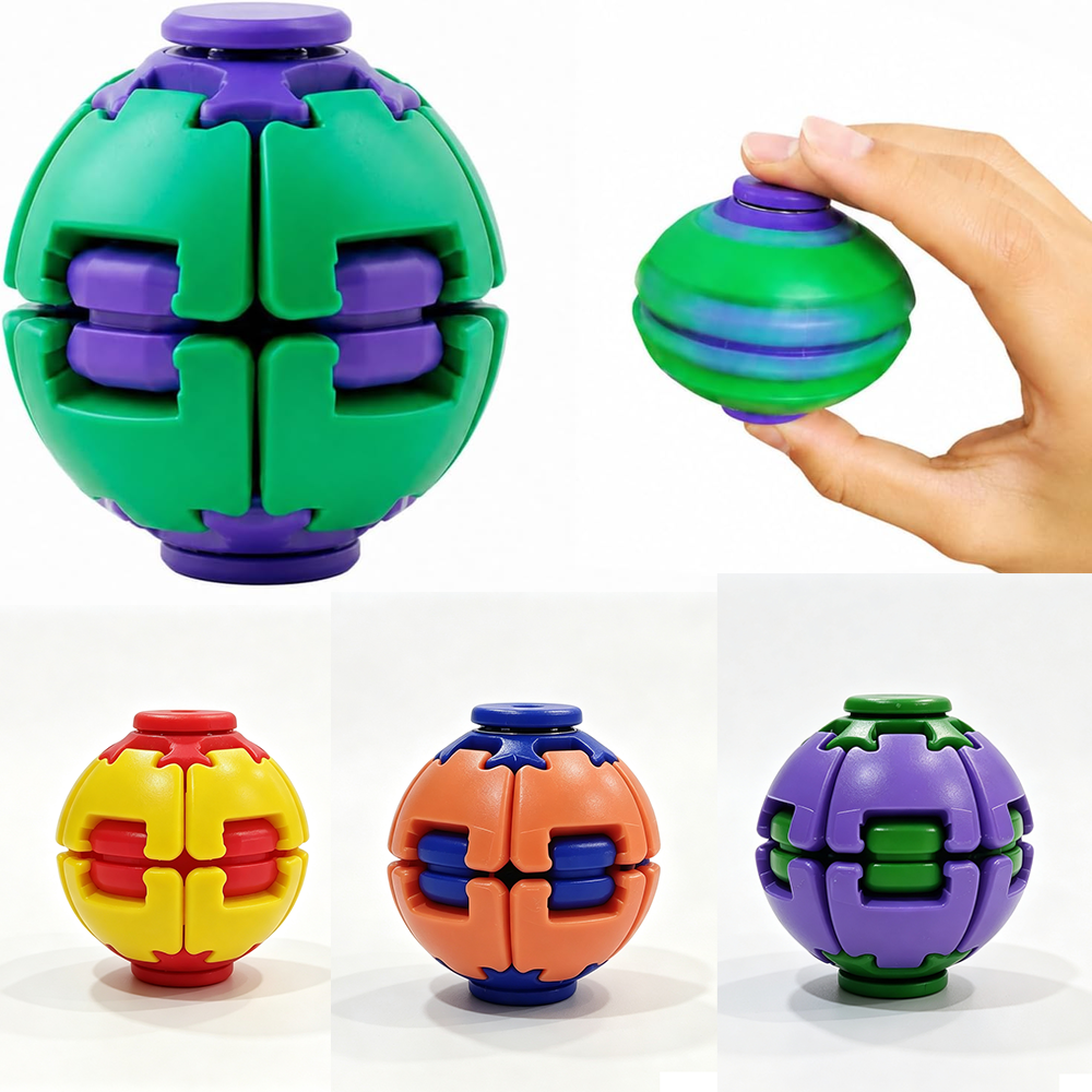 Colorful press-to-spin fidget gyro ball toy with handheld demonstration
