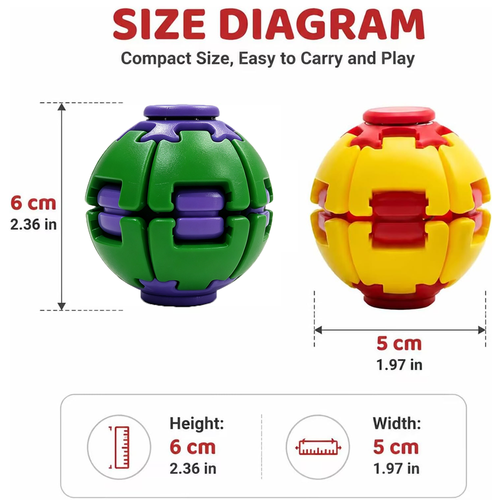 Mini fidget spinner ball size chart with height and width measurements

