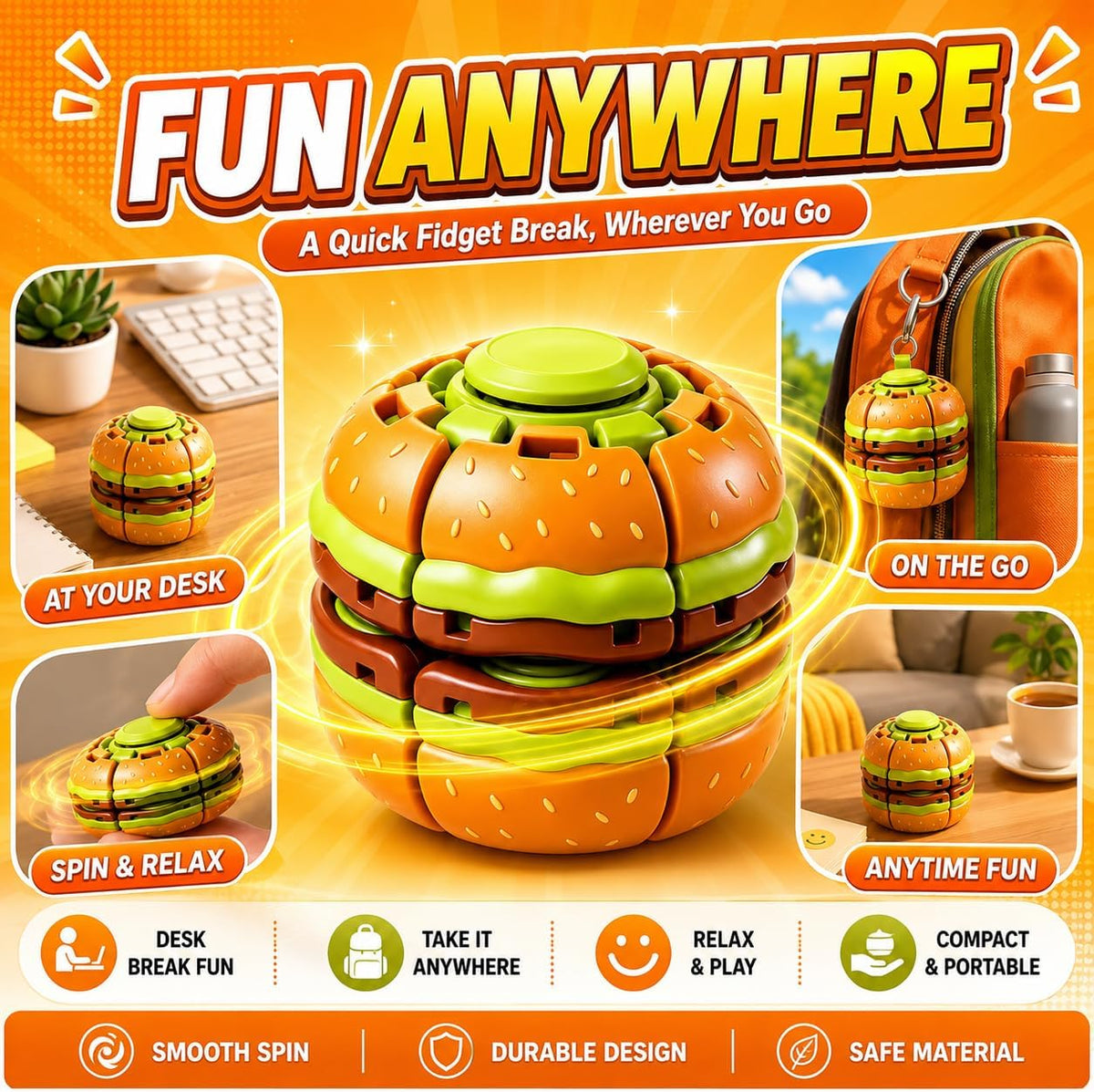 Novelty food shaped burger fidget spinner ball with colorful design
