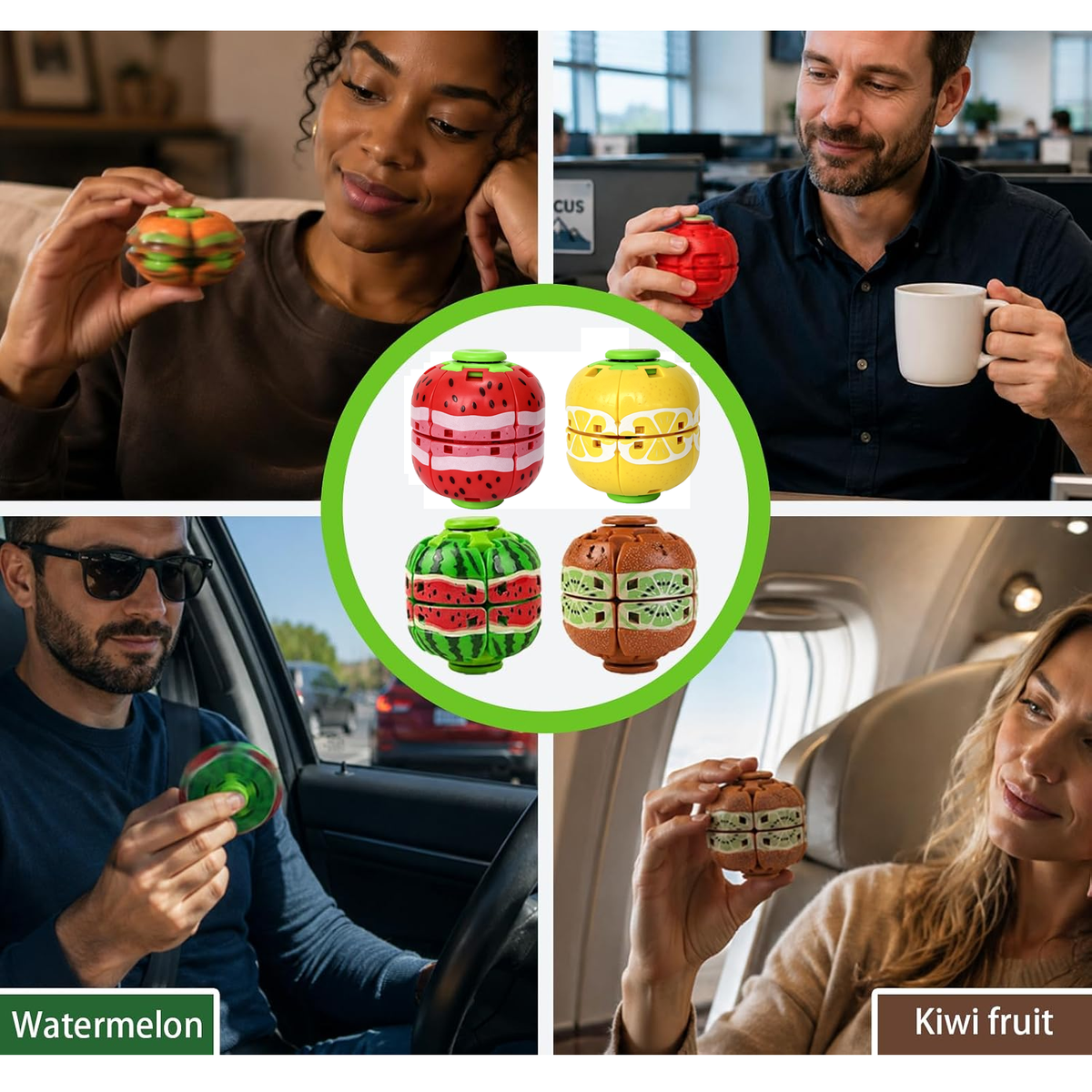 A collage showing people holding and using fruit-shaped novelty products in different settings, with a central circular inset displaying four fruit-themed items: watermelon, kiwi fruit, orange, and chocolate sandwich cookies. Text labels at the bottom read Watermelon and Kiwi fruit.