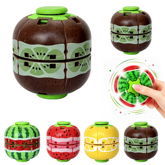 Fruit themed press to spin fidget balls featuring watermelon strawberry lemon and kiwi designs
