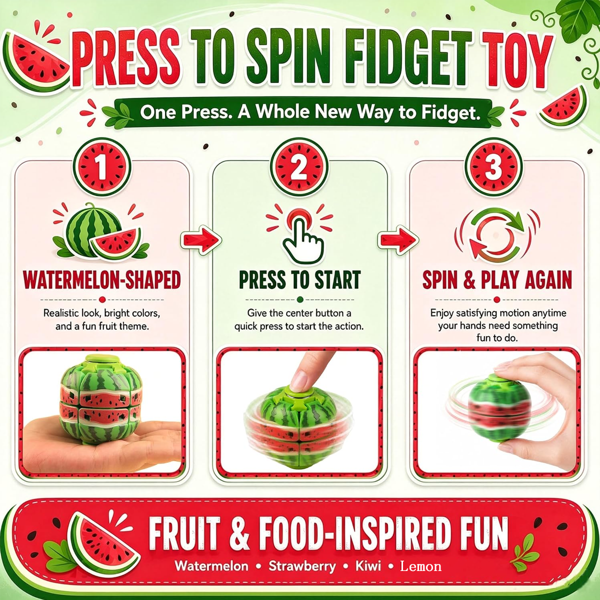 Fruit themed handheld fidget toy showing press to spin features and playful design