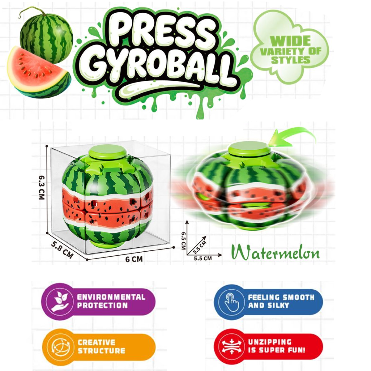 Watermelon-themed press gyroball toy with dimensions shown on a white grid background, alongside feature callouts including environmental protection, feeling smooth and silky, creative structure, and unzipping is super fun.