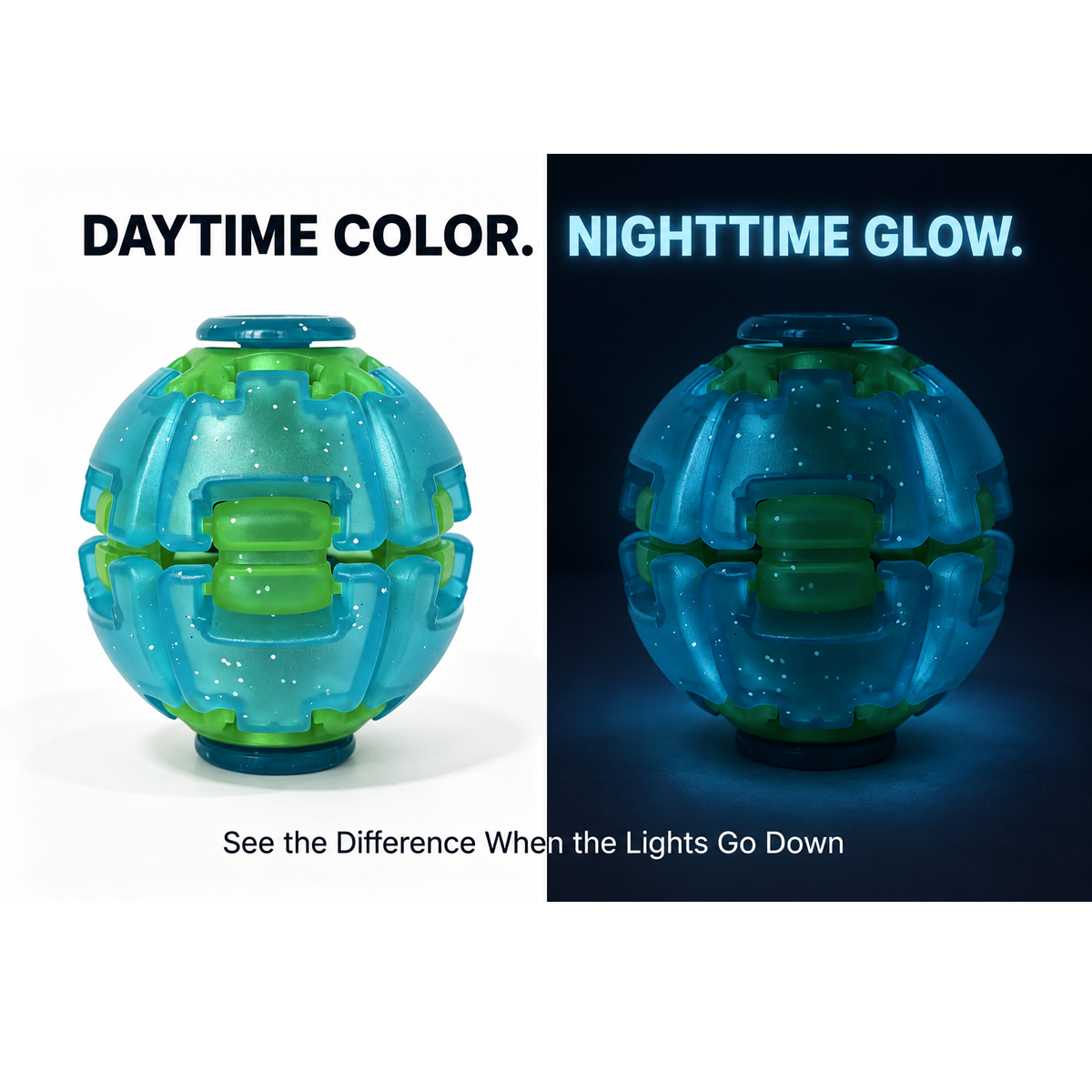 A split comparison showing a translucent blue-green ball-shaped product on a white background labeled 'DAYTIME COLOR.' on the left, and the same product glowing blue in the dark on a black background labeled 'NIGHTTIME GLOW.