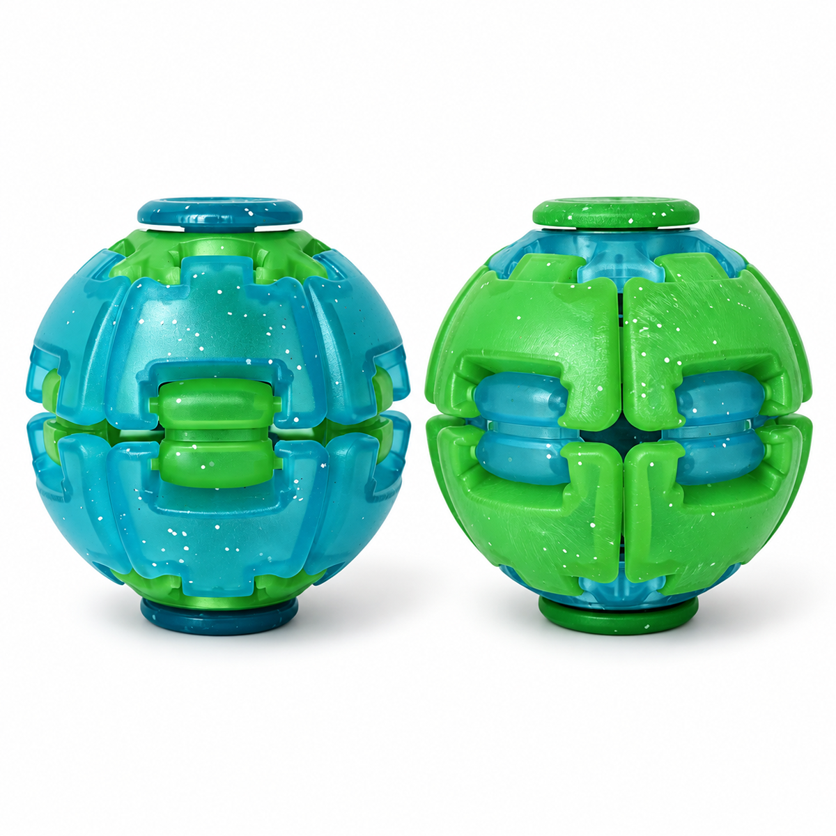Two glow in the dark fidget spinner balls in blue and green color combinations