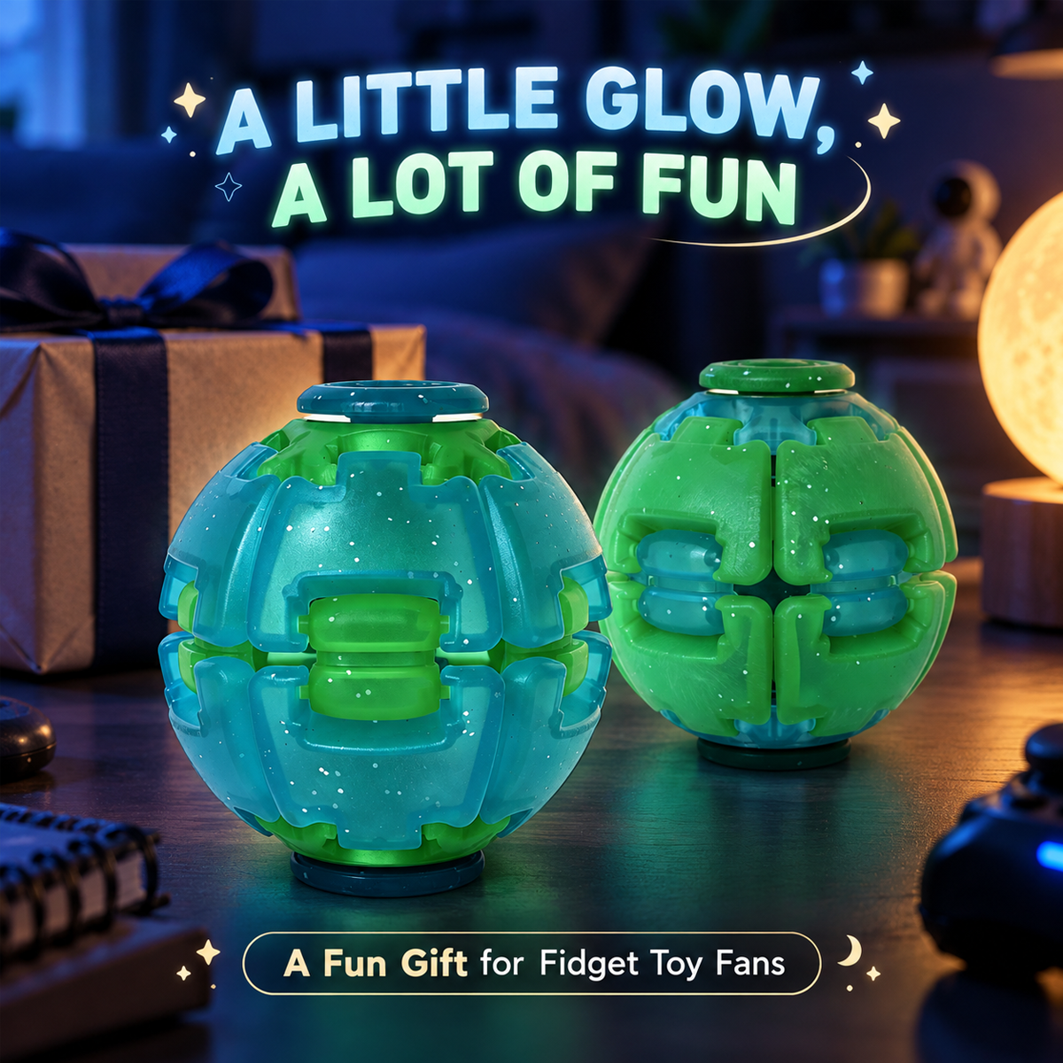Two glowing fidget toys on a tabletop in a dimly lit room, with gift boxes and a lamp in the background. Text overlays read 'A LITTLE GLOW, A LOT OF FUN' and 'A Fun Gift for Fidget Toy Fans'.