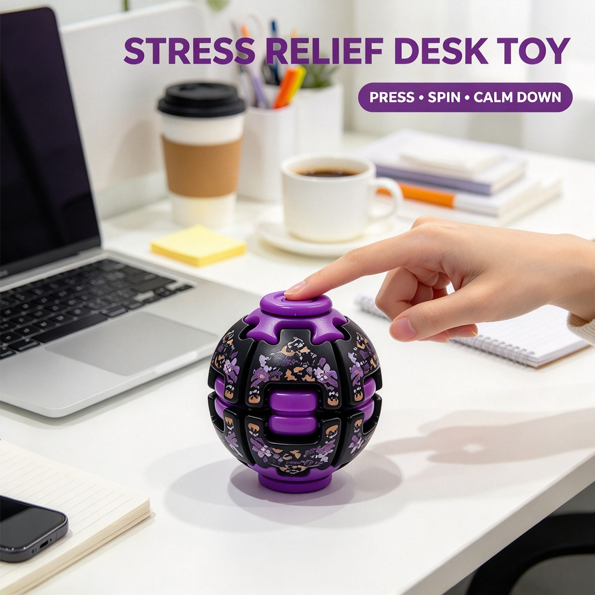 Purple Halloween fidget spinner ball used at an office desk beside a laptop
