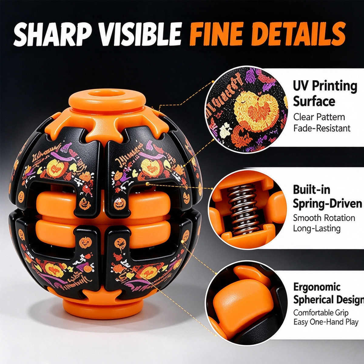 An orange and black Halloween-themed puzzle toy with pumpkins, ghosts, and autumn motifs, shown on a dark background with marketing callouts highlighting UV printed surface, spring-driven rotation, and ergonomic design.