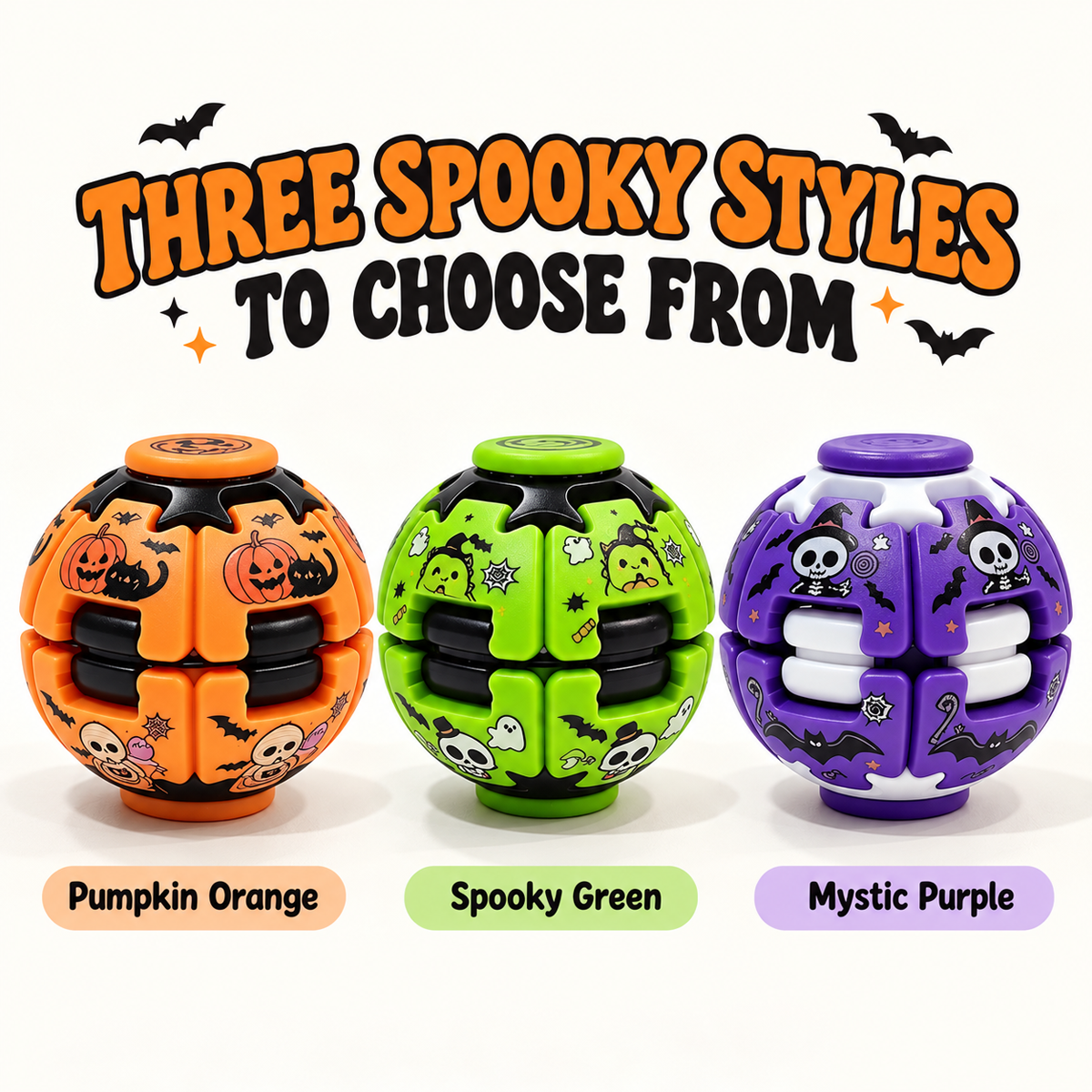 Three Halloween-themed spherical puzzle toys shown side by side on a light background with promotional text reading 'THREE SPOOKY STYLES TO CHOOSE FROM' and color labels 'Pumpkin Orange,' 'Spooky Green,' and 'Mystic Purple.'.