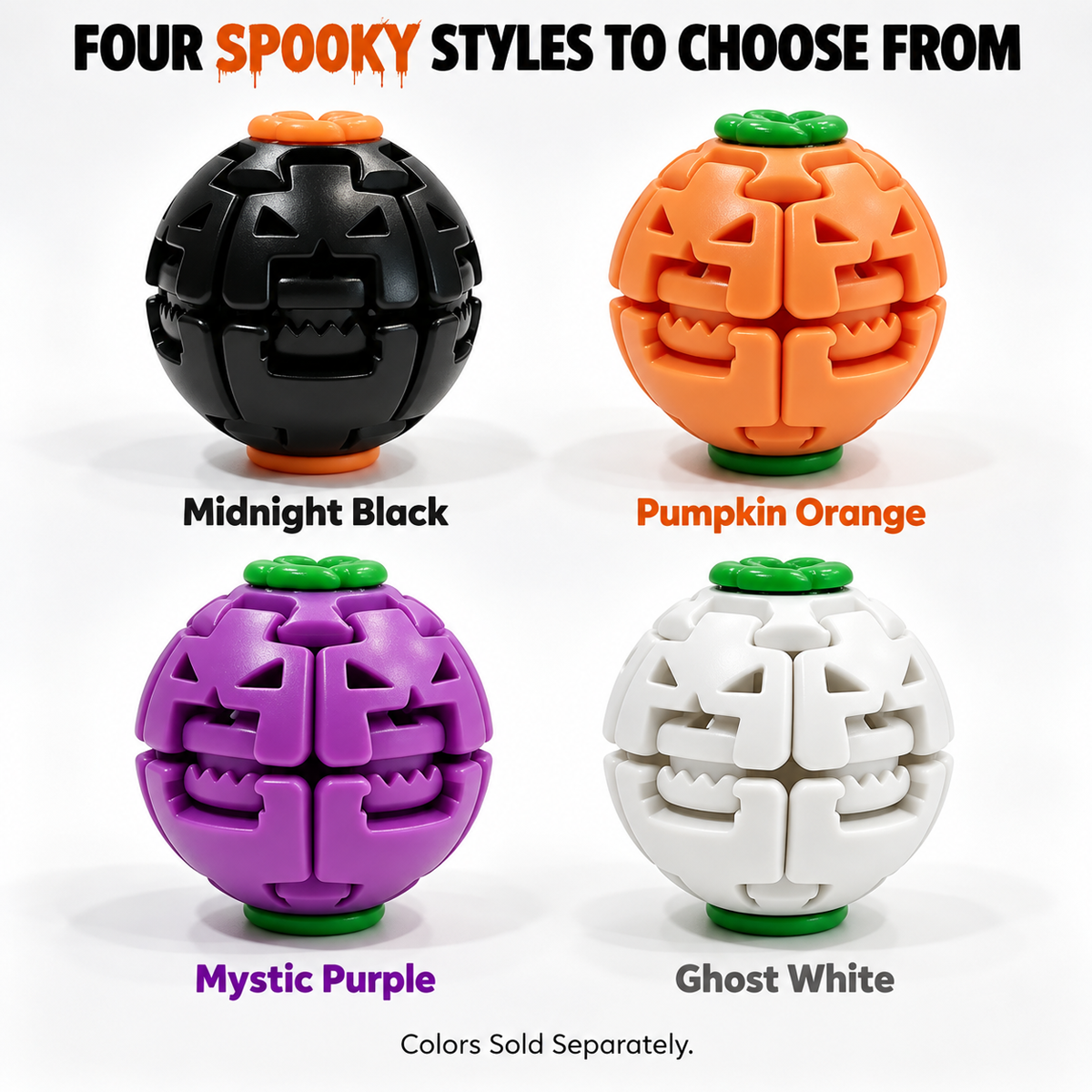 Four Halloween pumpkin fidget toy styles in black orange purple and white
