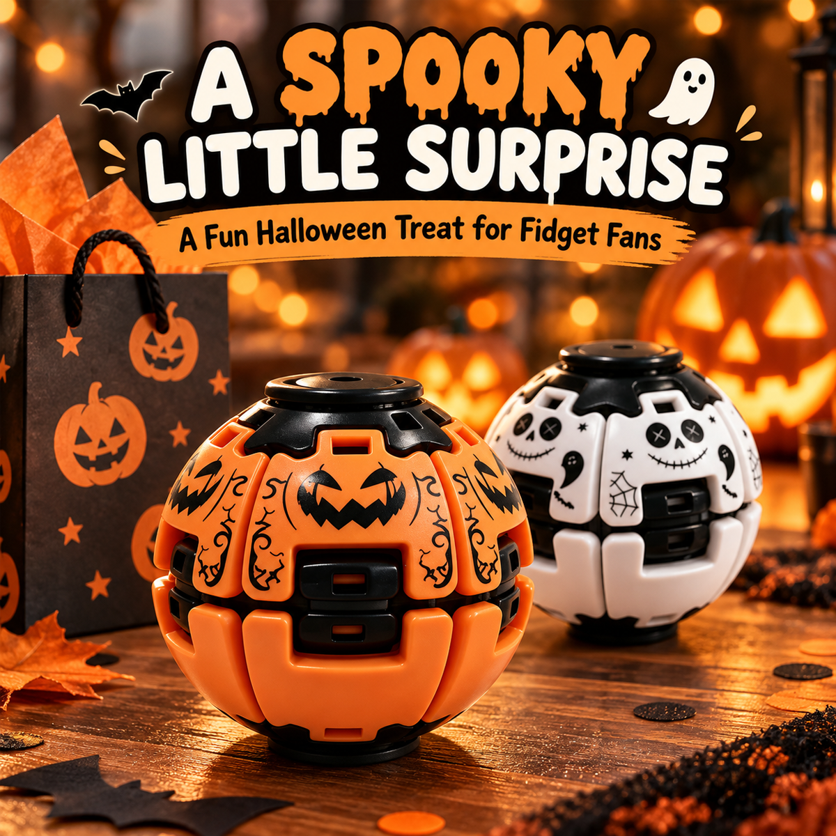 Two Halloween-themed fidget spinner toys displayed on a wooden table with a black gift bag, autumn leaves, and glowing jack-o'-lantern decorations in the background. A promotional text overlay at the top reads 'A SPOOKY LITTLE SURPRISE' and 'A Fun Halloween Treat for Fidget Fans'.