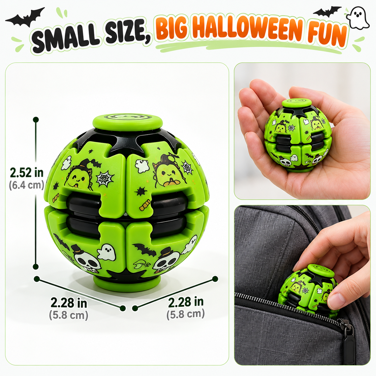 green Halloween fidget spinner ball with size measurements and handheld comparison