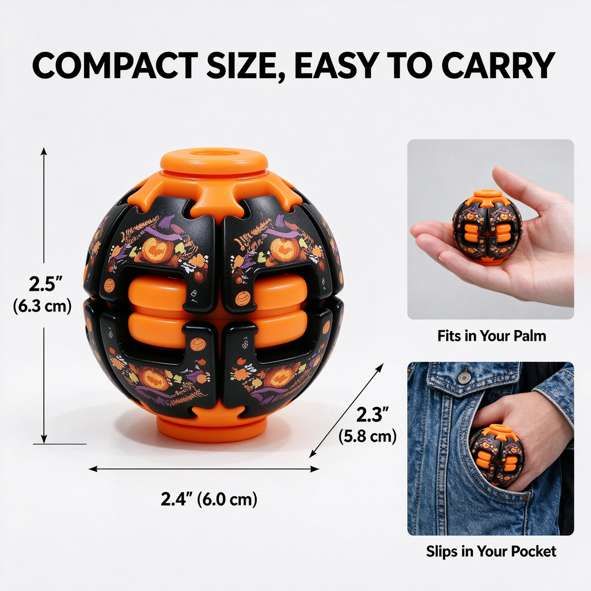 An orange and black puzzle toy with Halloween-themed printed graphics, shown with dimension labels and two inset photos demonstrating its compact size. Text at the top reads 'COMPACT SIZE, EASY TO CARRY.