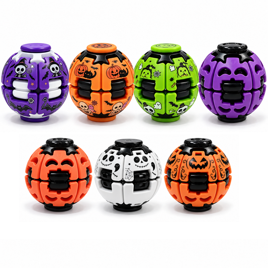 Halloween fidget spinner balls featuring pumpkin, ghost and skull themed designs in different colors