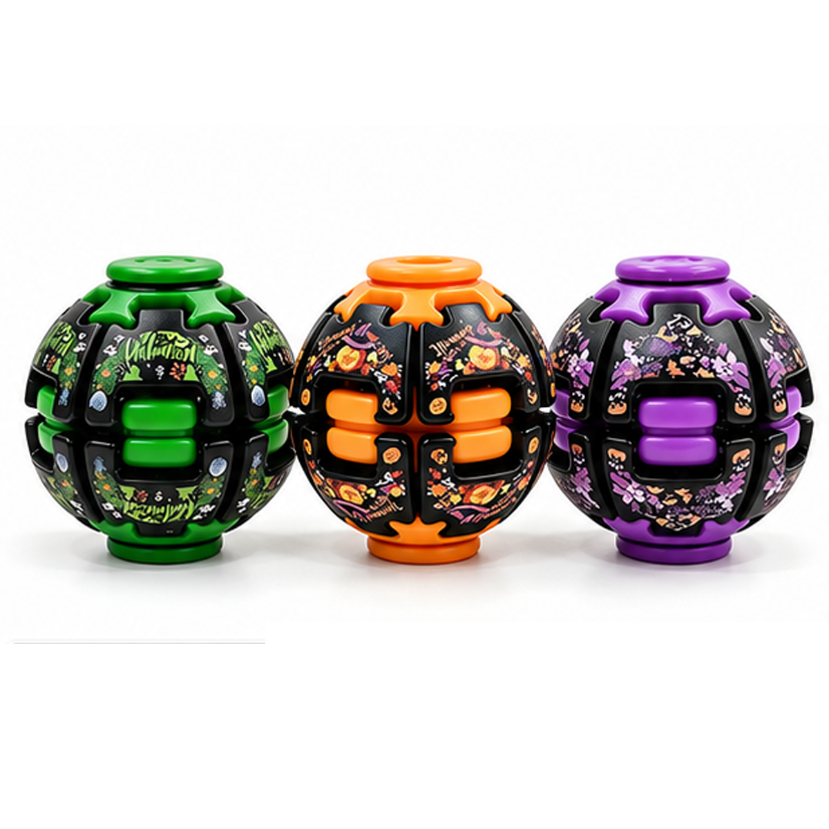 Three Halloween fidget spinner balls in green, orange and purple with spooky printed designs
