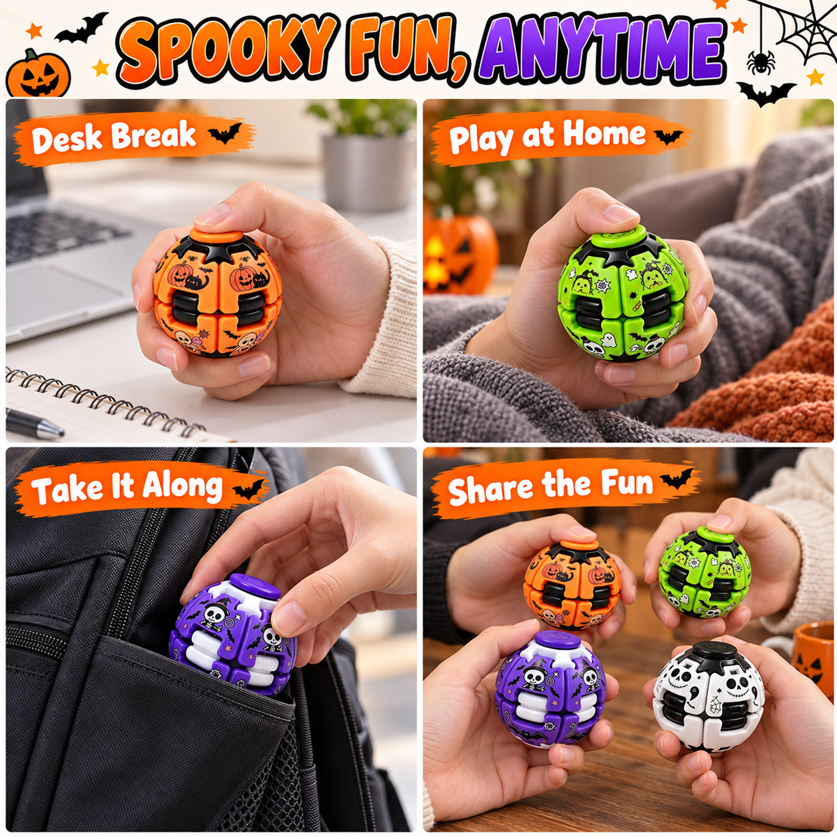 A 2x2 collage showing a small ball-shaped Halloween toy being held by hands in different settings: on a desk, in bed, tucked into a backpack pocket, and shared with a friend. The top banner reads 'Spooky Fun, Anytime.