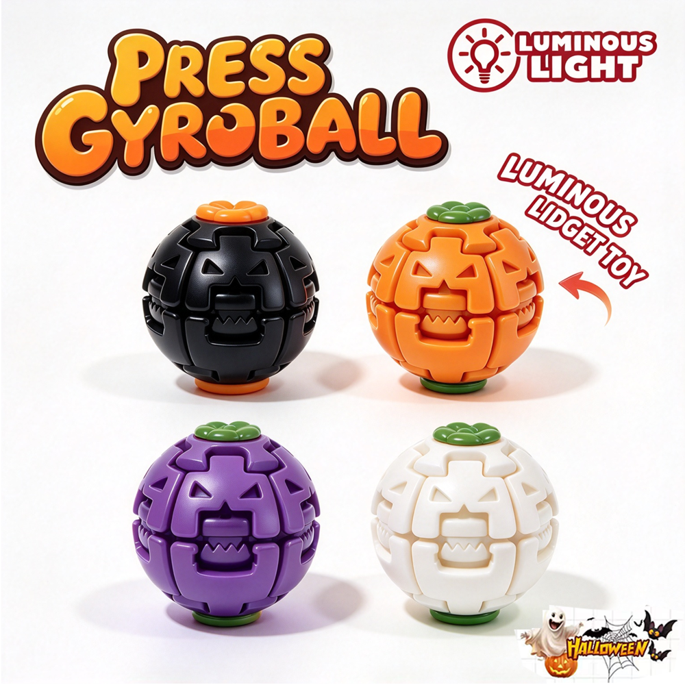 Four LUMINOUS Gyroball toys arranged in a 2x2 grid on a white background, each with a different Halloween-themed color: black with orange, orange with green, purple with green, and white with green. The image includes promotional text 'PRESS GYROBALL' and 'LUMINOUS LED TOY' along with a Halloween graphic in the bottom right corner.
