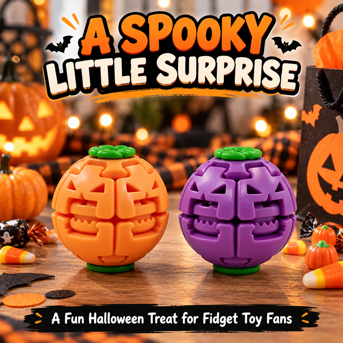 Orange and purple pumpkin fidget toys displayed at a Halloween party