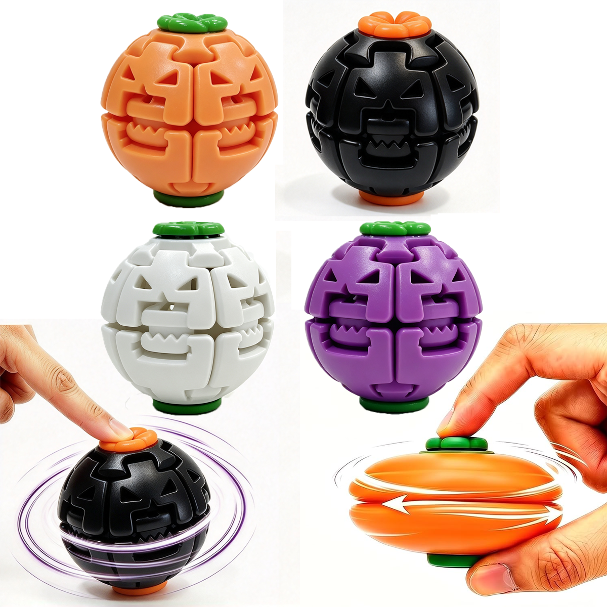 Four Halloween pumpkin fidget balls with press and spin demonstration
