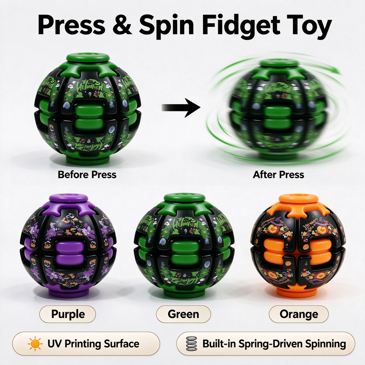 A product infographic for a press-and-spin fidget toy, showing a green version labeled 'Before Press' and 'After Press' with motion lines, plus three color variants labeled Purple, Green, and Orange. Text highlights UV printing and built-in spring-driven spinning.