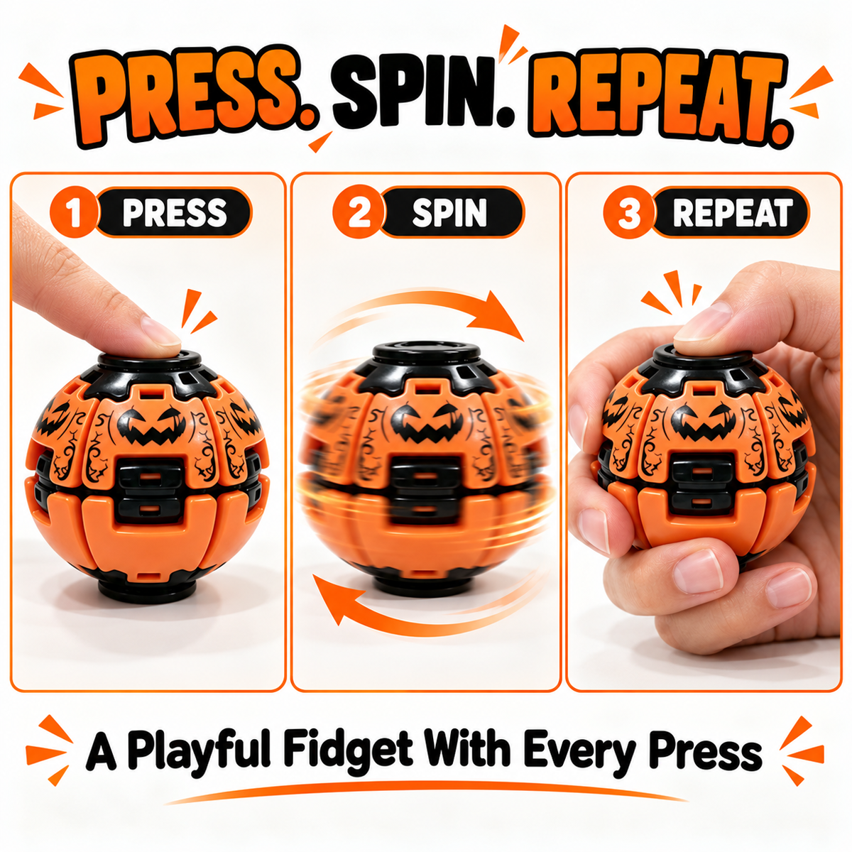 Three steps showing how to press and spin an orange Halloween pumpkin fidget ball