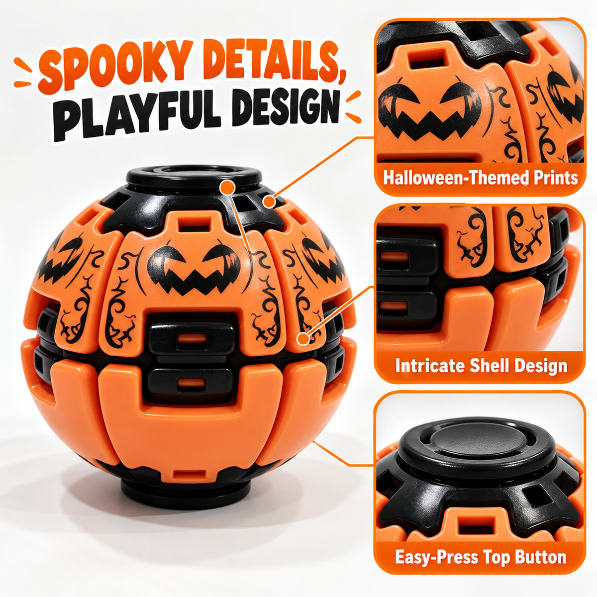 Close-up details of pumpkin face design, top button and interlocking shell on Halloween fidget toy