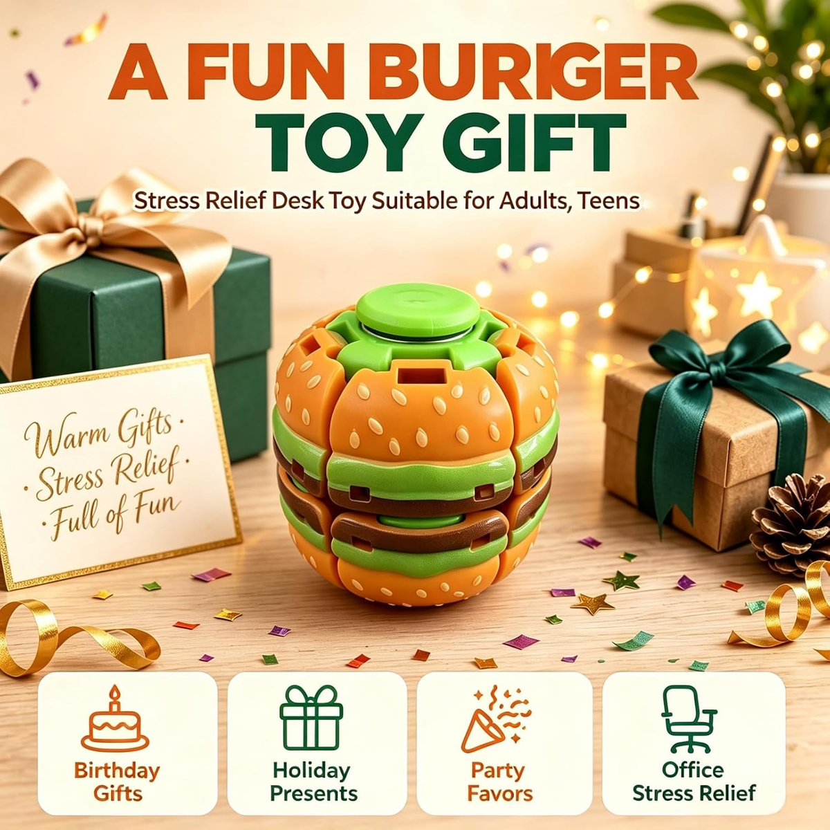Hamburger shaped fidget spinner ball displayed as a novelty gift idea
