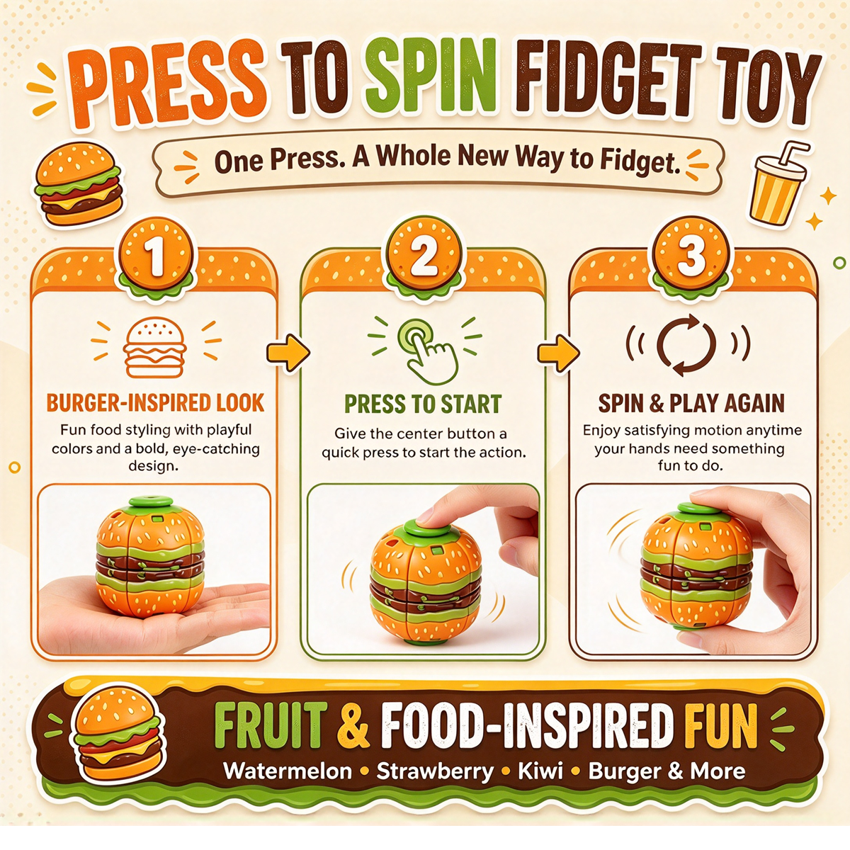 Promotional graphic for a press-to-spin fidget toy, showing three illustrated steps: a burger-inspired design, pressing to start, and spinning again. The toy is pictured in a burger shape with orange and green colors, and the text highlights fruit and food-inspired fun.